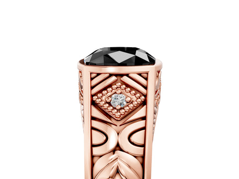 Rose gold Hexagonal Bezel Fancy Black Cushion Cut Diamond Engraved Band Prong Ring_5