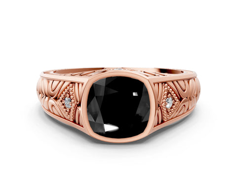 Rose gold Hexagonal Bezel Fancy Black Cushion Cut Diamond Engraved Band Prong Ring