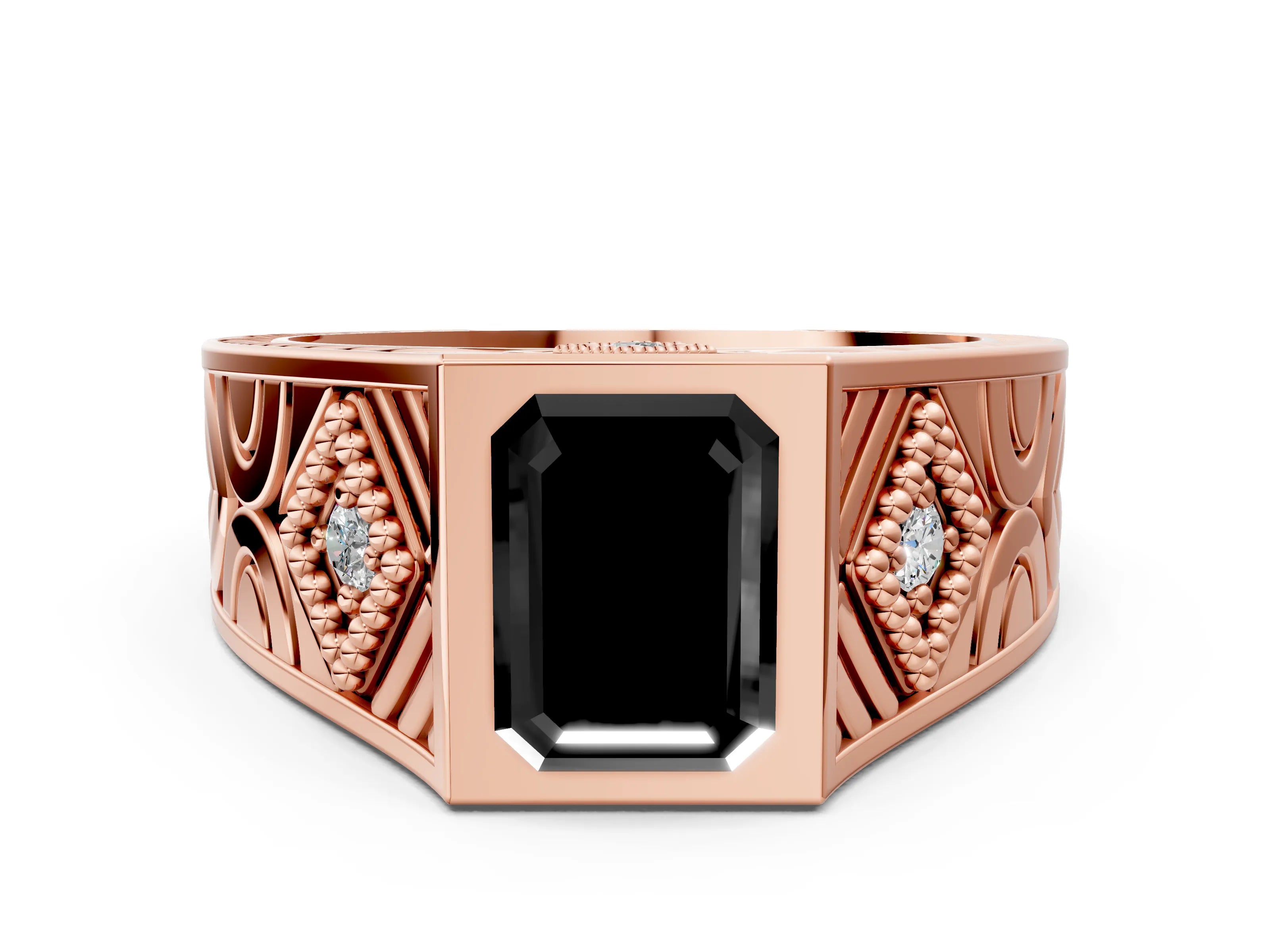 Rose gold Hexagonal Bezel Fancy Black Emerald Cut Diamond Engraved Band Prong Ring