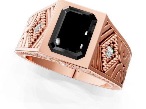 Rose gold Hexagonal Bezel Fancy Black Emerald Cut Diamond Engraved Band Prong Ring_1