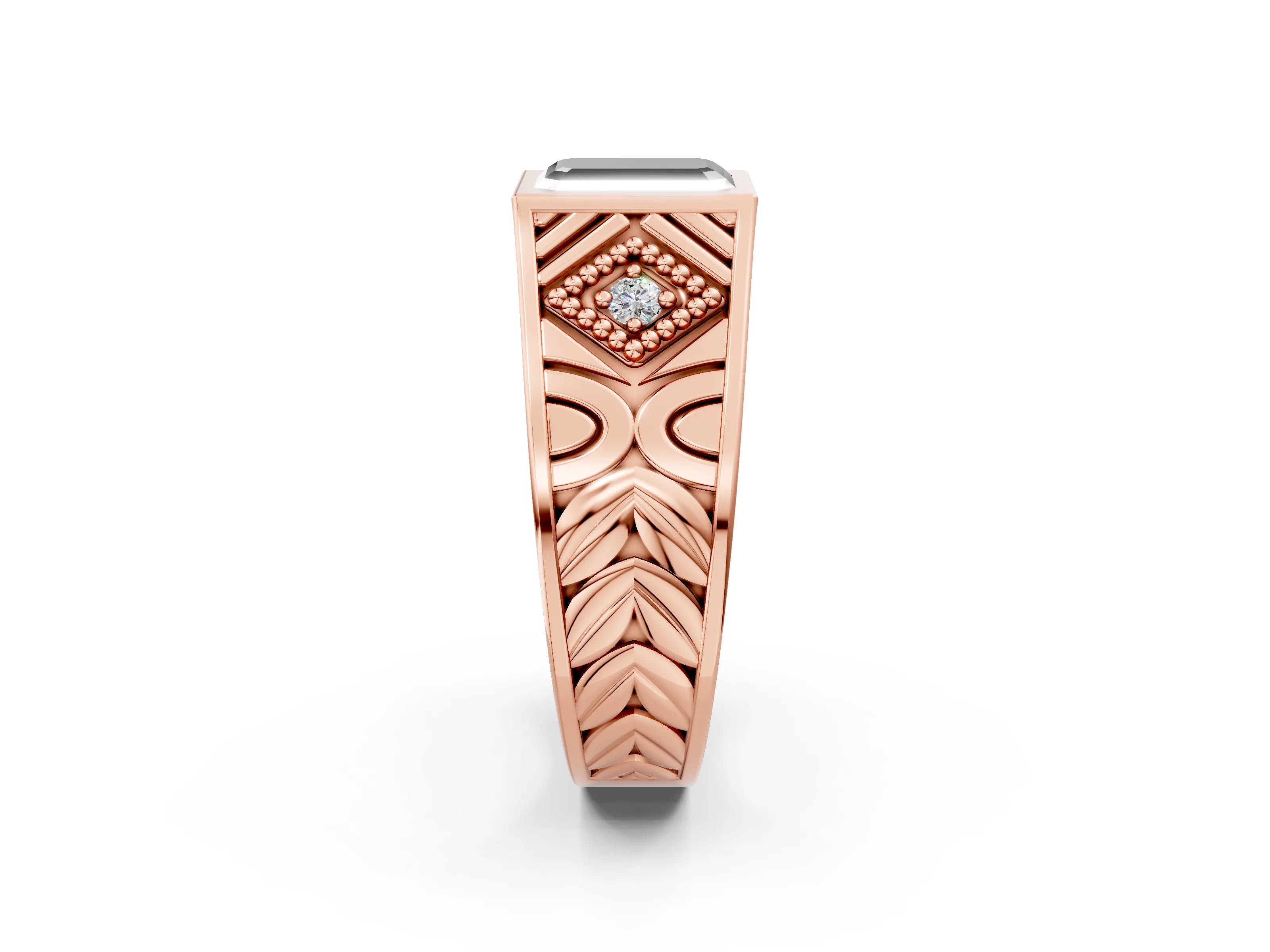 Rose gold Hexagonal Bezel Fancy Black Emerald Cut Diamond Engraved Band Prong Ring_2
