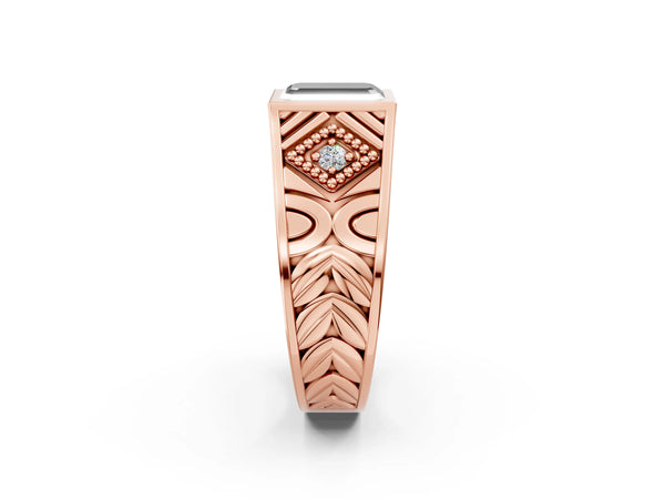 Rose gold Hexagonal Bezel Fancy Black Emerald Cut Diamond Engraved Band Prong Ring