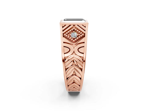 Rose gold Hexagonal Bezel Fancy Black Emerald Cut Diamond Engraved Band Prong Ring_2