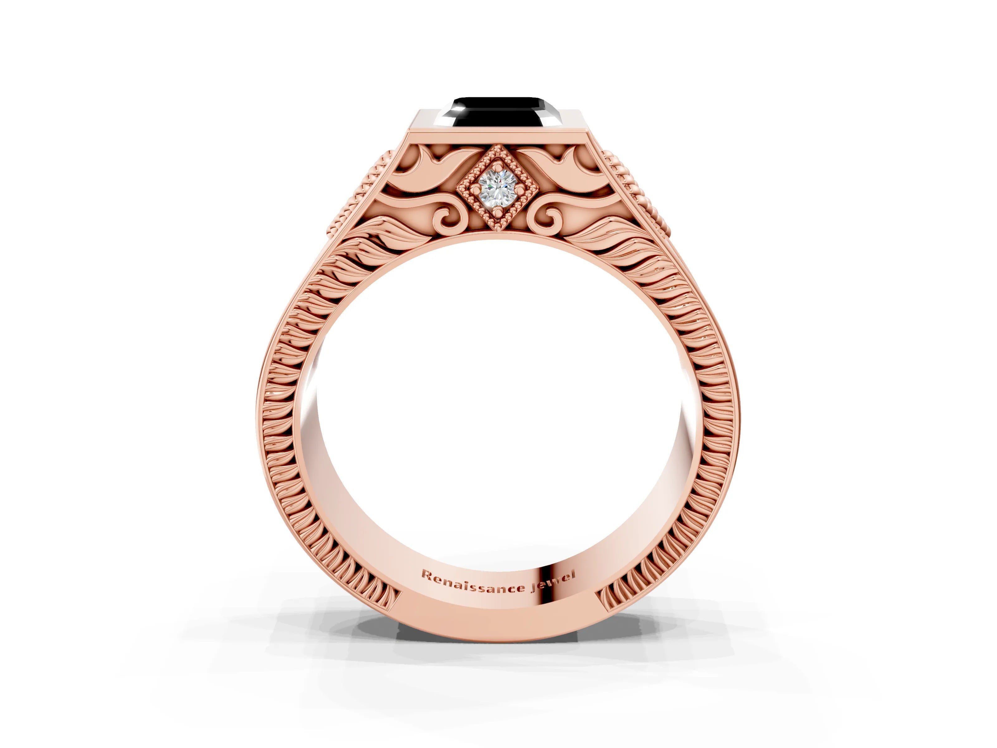 Rose gold Hexagonal Bezel Fancy Black Emerald Cut Diamond Engraved Band Prong Ring_3