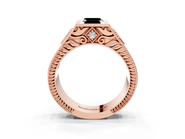 Rose gold Hexagonal Bezel Fancy Black Emerald Cut Diamond Engraved Band Prong Ring