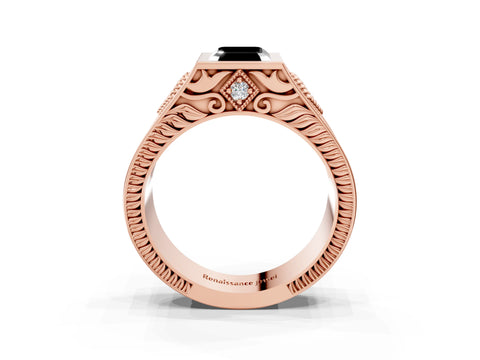 Rose gold Hexagonal Bezel Fancy Black Emerald Cut Diamond Engraved Band Prong Ring_3
