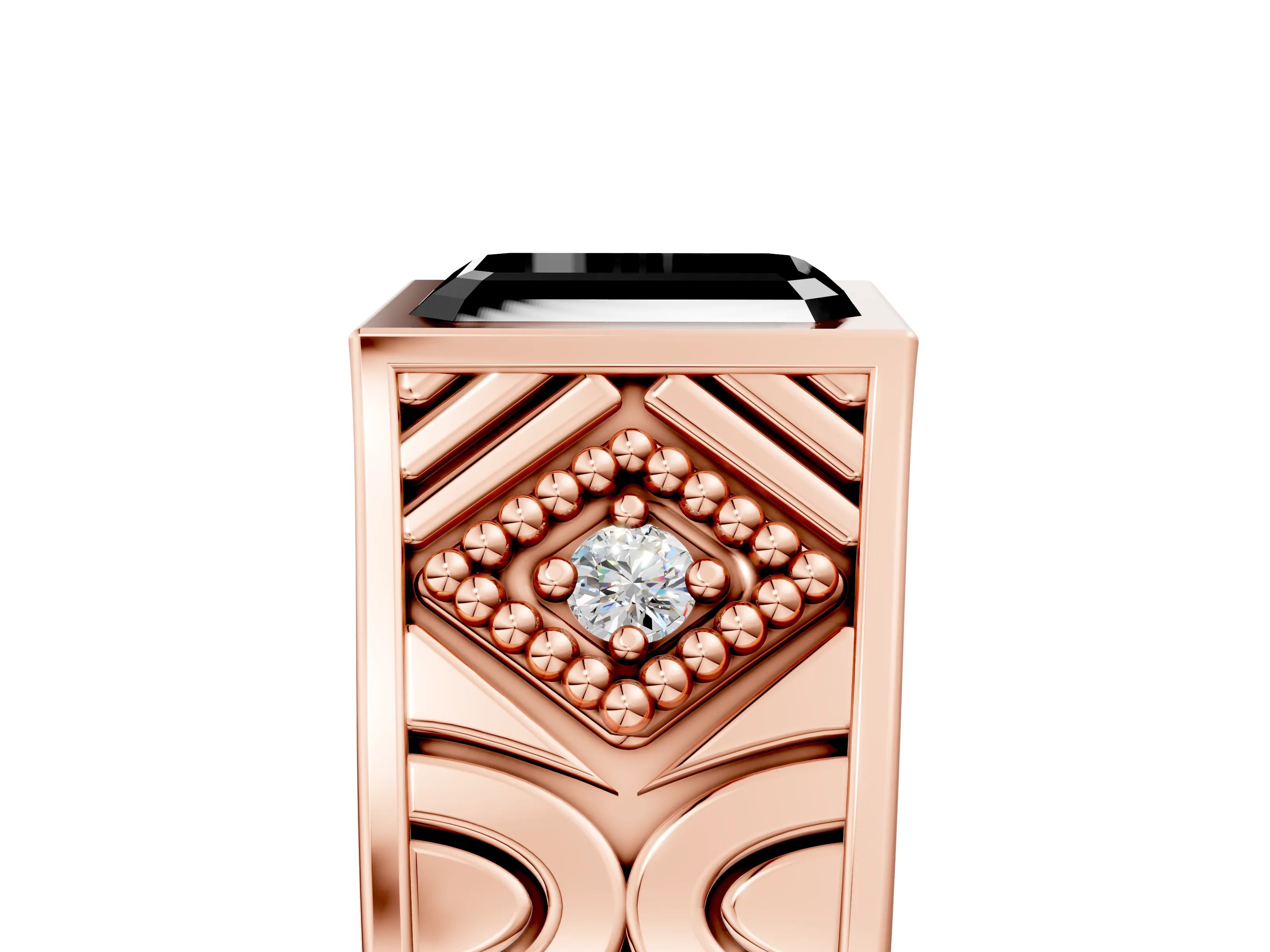 Rose gold Hexagonal Bezel Fancy Black Emerald Cut Diamond Engraved Band Prong Ring_5