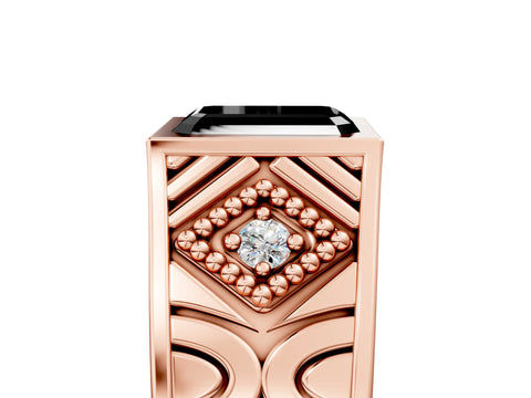 Rose gold Hexagonal Bezel Fancy Black Emerald Cut Diamond Engraved Band Prong Ring_5