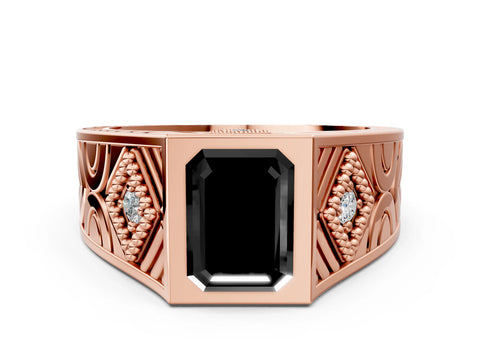 Rose gold Hexagonal Bezel Fancy Black Emerald Cut Diamond Engraved Band Prong Ring