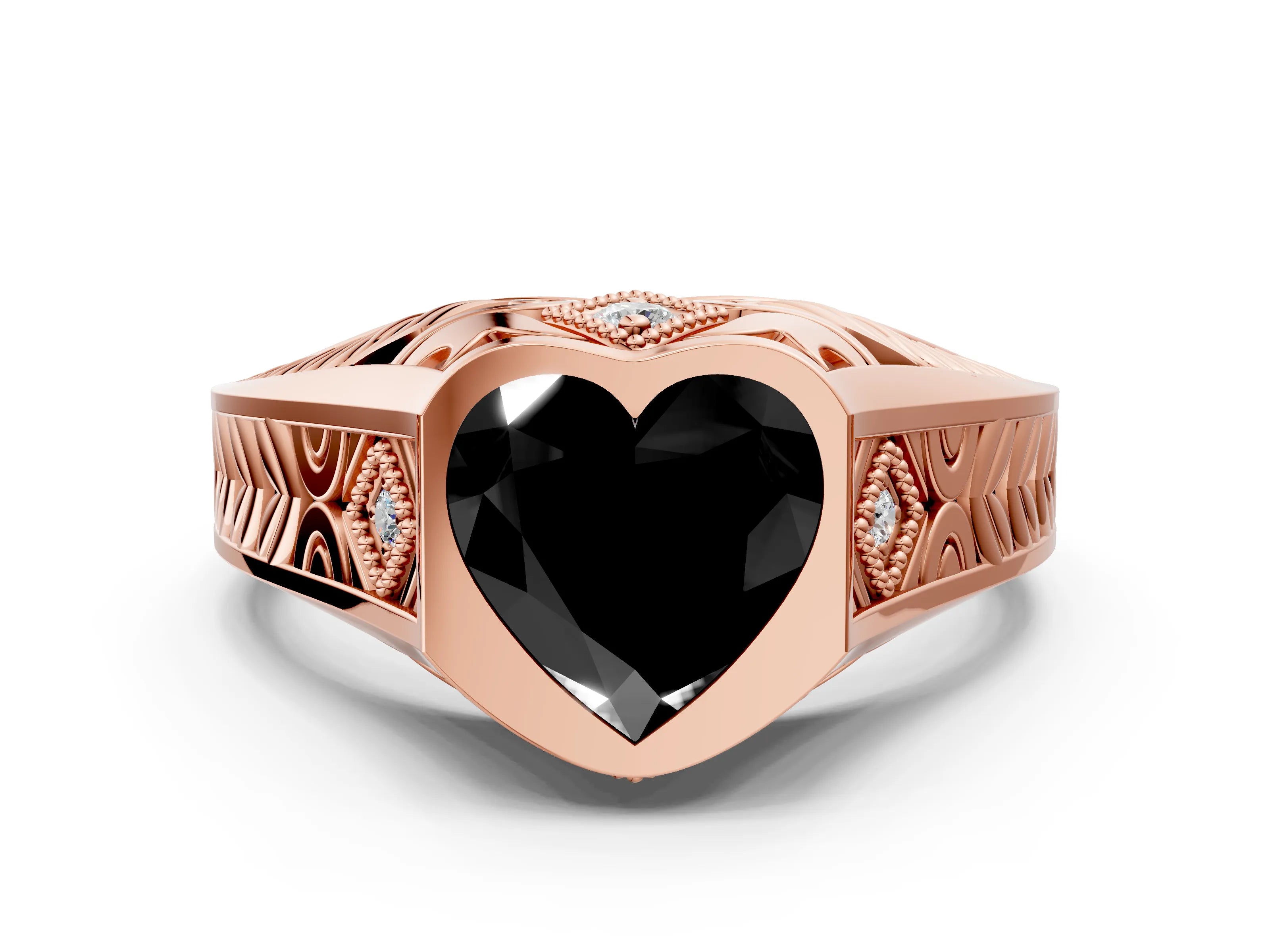 Rose gold Hexagonal Bezel Fancy Black Heart Cut Diamond Engraved Band Prong Ring