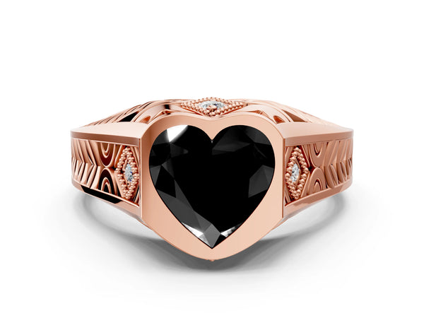Rose gold Hexagonal Bezel Fancy Black Heart Cut Diamond Engraved Band Prong Ring