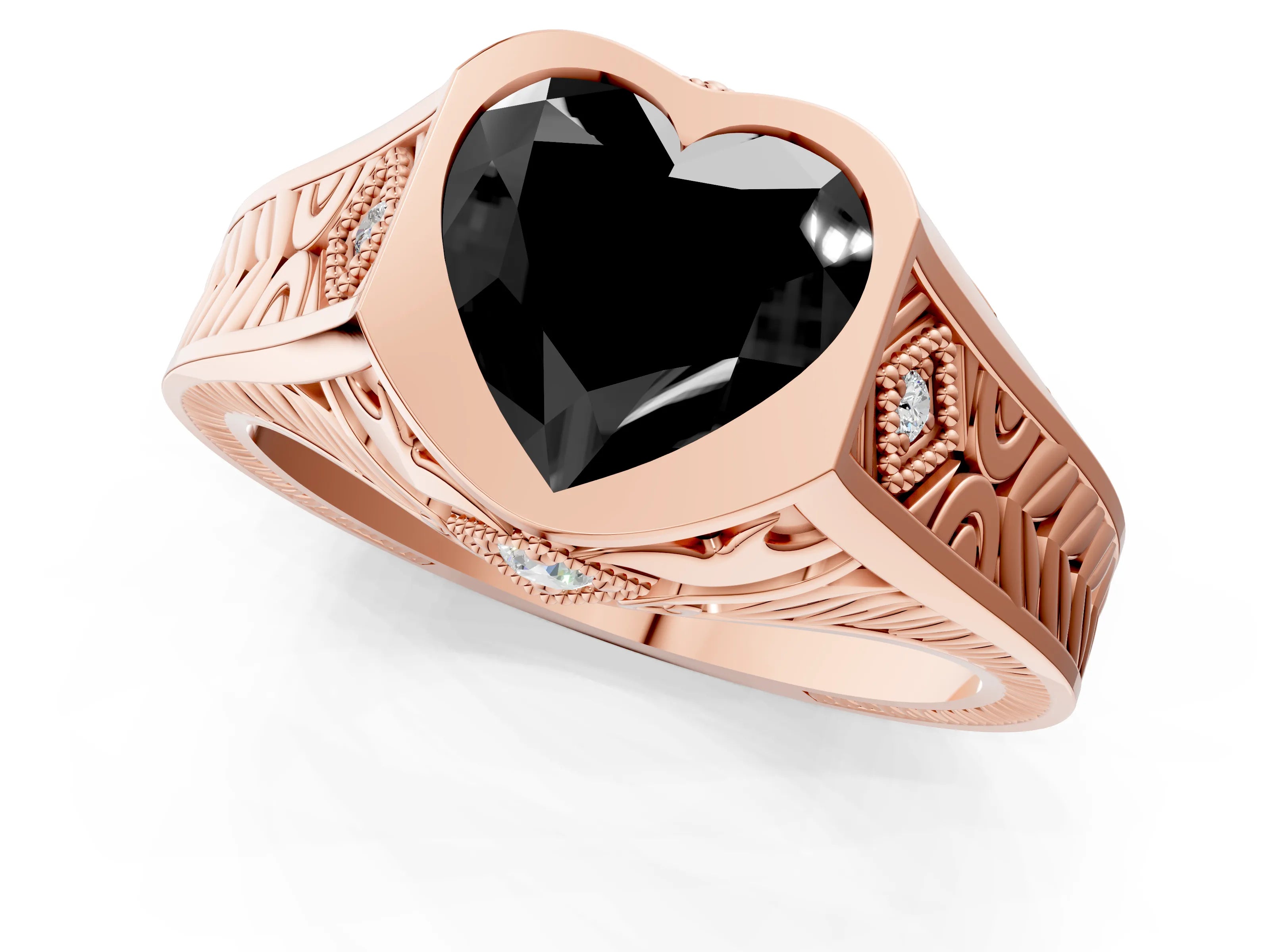 Rose gold Hexagonal Bezel Fancy Black Heart Cut Diamond Engraved Band Prong Ring_1