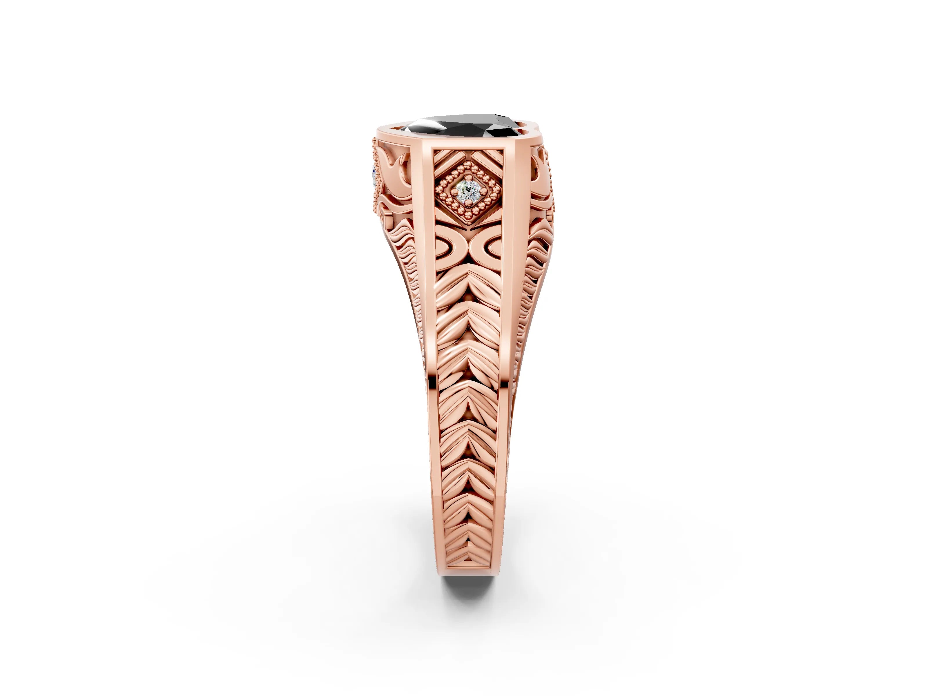 Rose gold Hexagonal Bezel Fancy Black Heart Cut Diamond Engraved Band Prong Ring_2