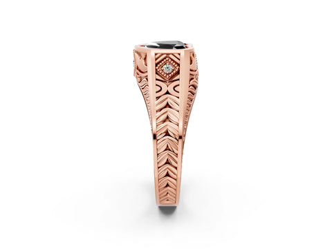 Rose gold Hexagonal Bezel Fancy Black Heart Cut Diamond Engraved Band Prong Ring_2