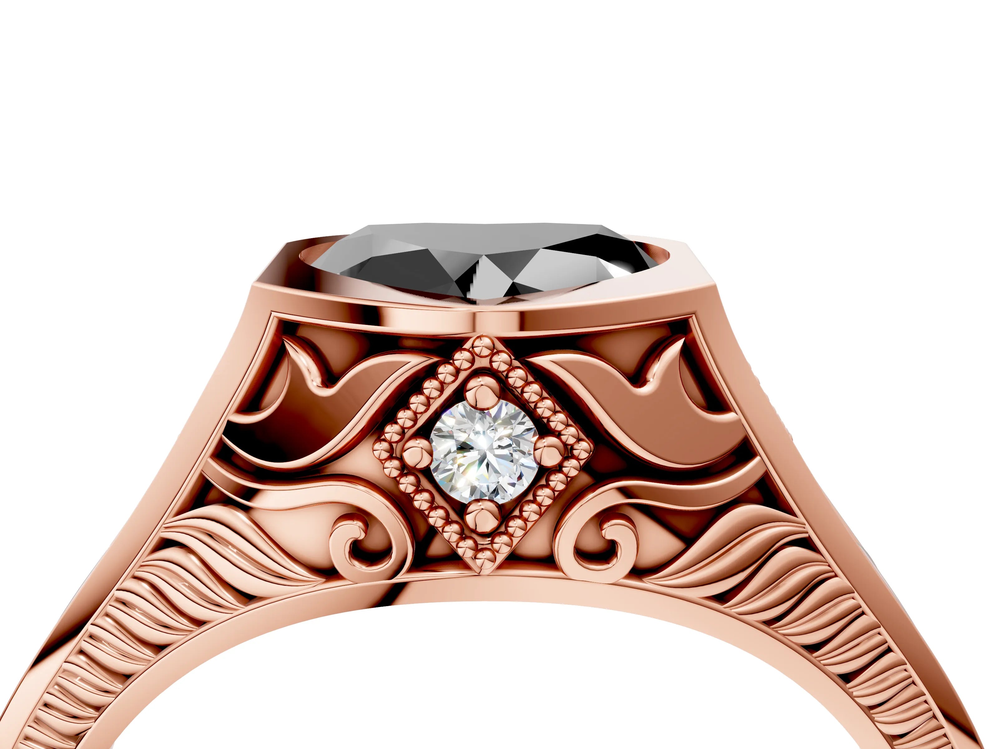 Rose gold Hexagonal Bezel Fancy Black Heart Cut Diamond Engraved Band Prong Ring_4