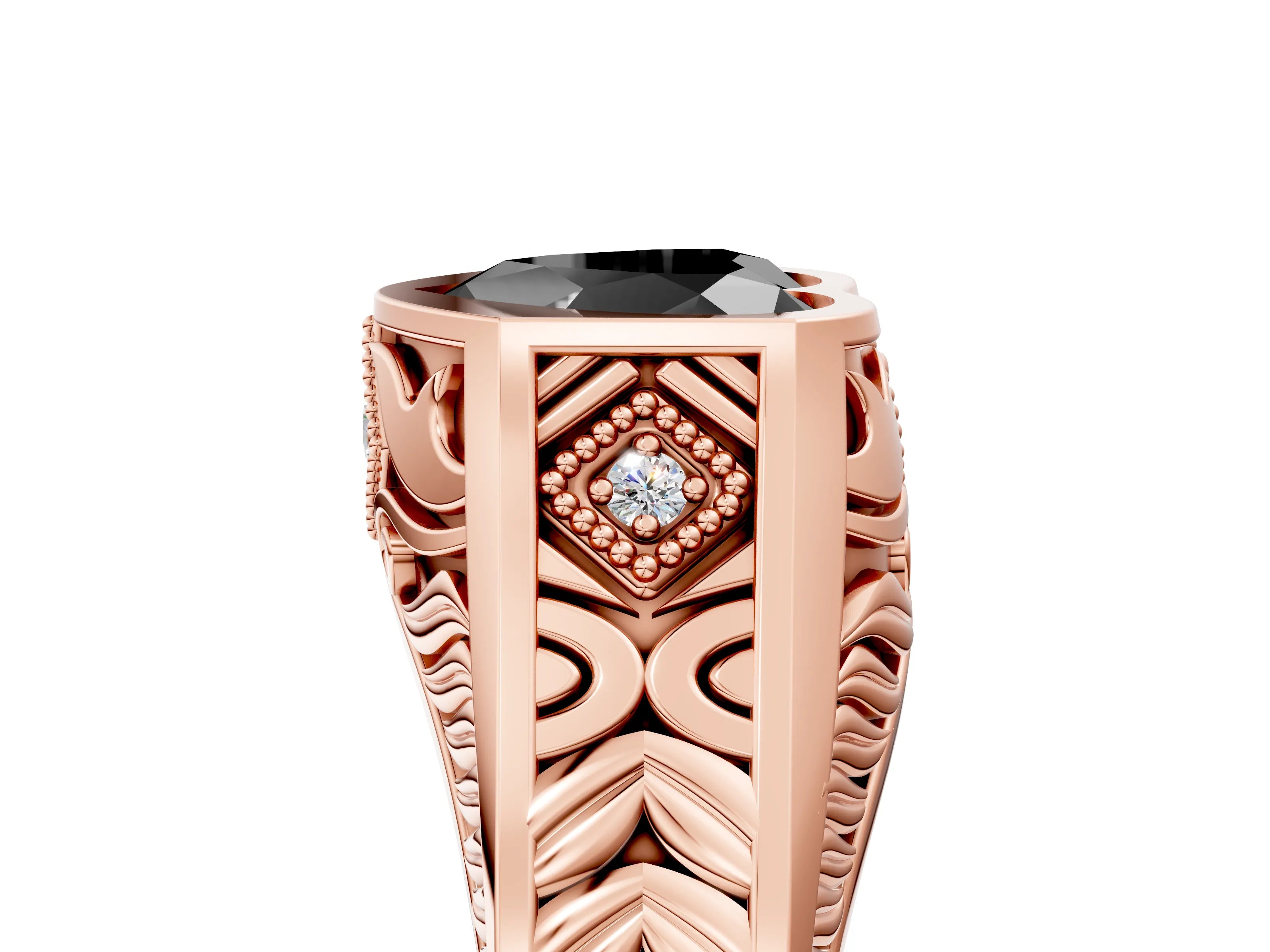 Rose gold Hexagonal Bezel Fancy Black Heart Cut Diamond Engraved Band Prong Ring_5