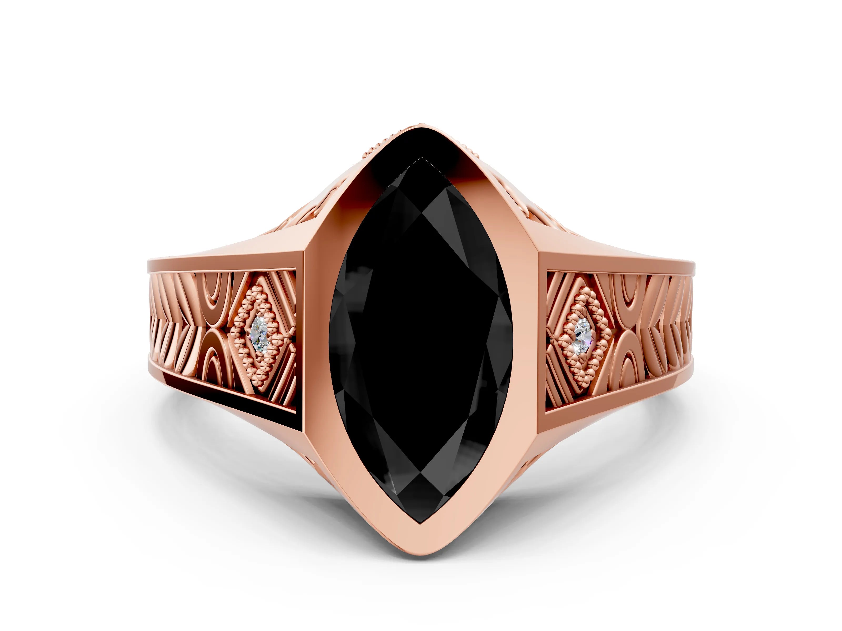 Rose gold Hexagonal Bezel Fancy Black Marquise Cut Diamond Engraved Band Prong Ring