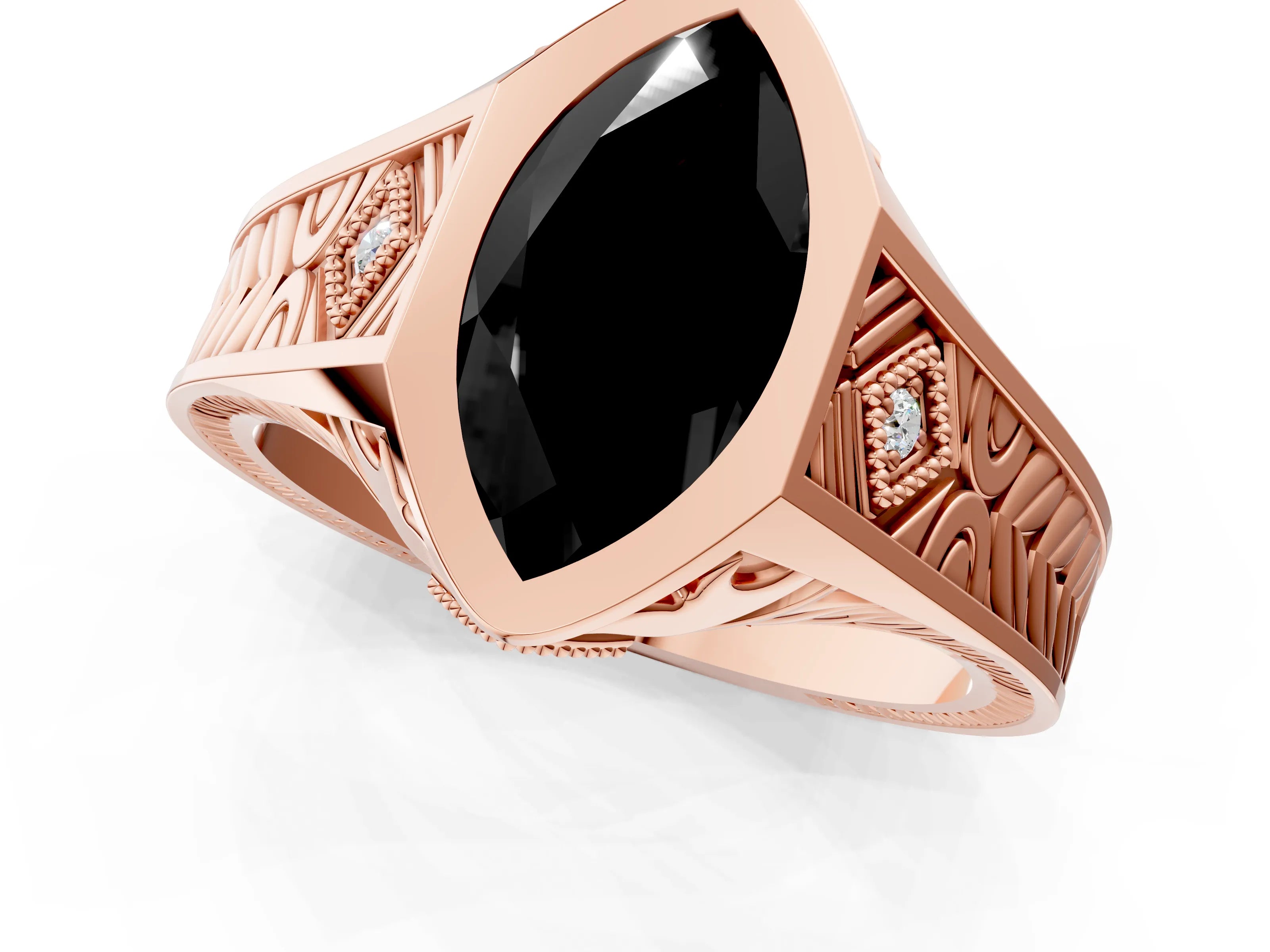Rose gold Hexagonal Bezel Fancy Black Marquise Cut Diamond Engraved Band Prong Ring_1