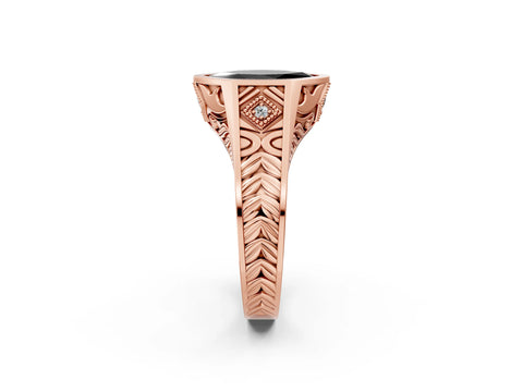 Rose gold Hexagonal Bezel Fancy Black Marquise Cut Diamond Engraved Band Prong Ring_2