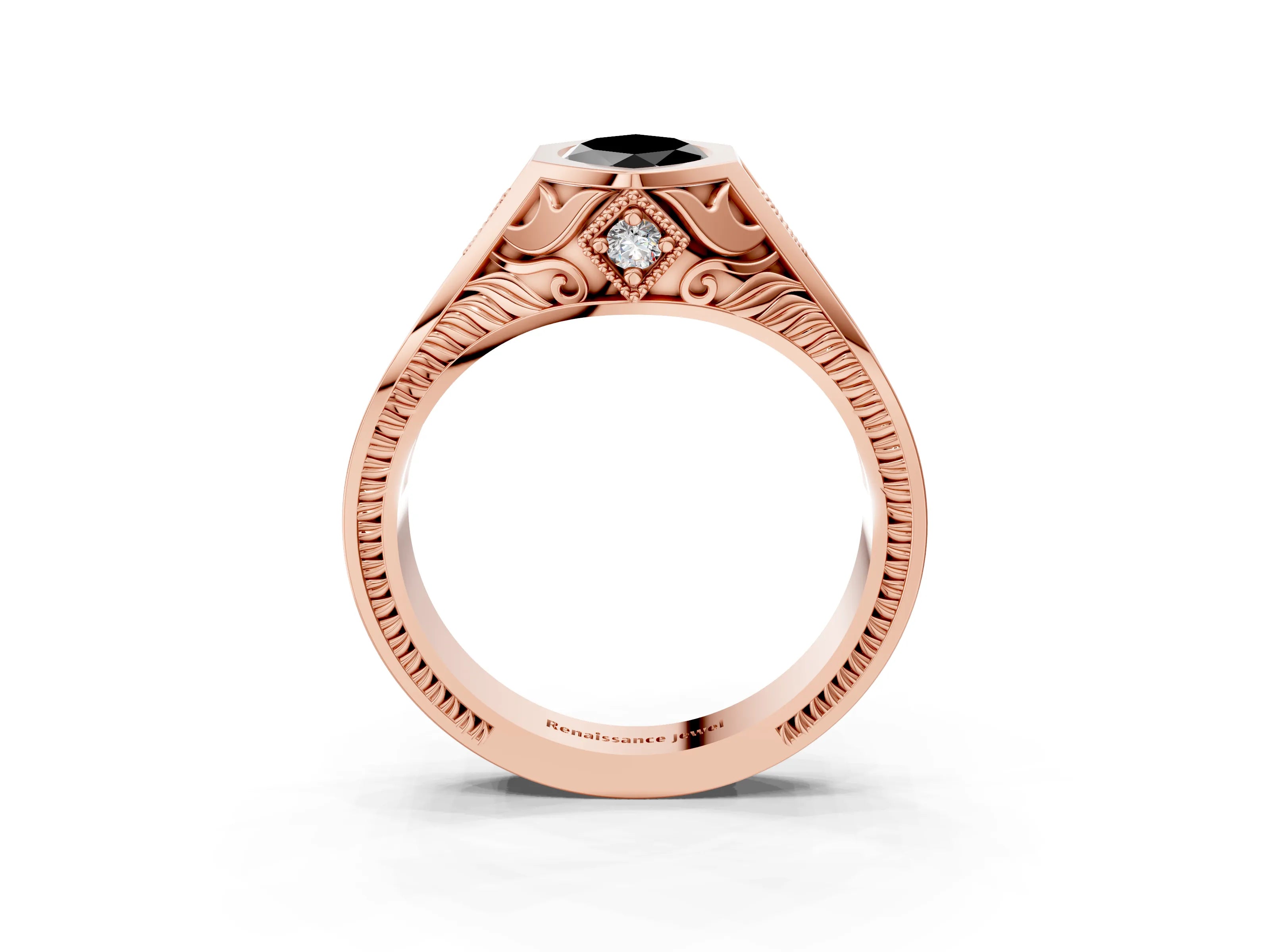 Rose gold Hexagonal Bezel Fancy Black Marquise Cut Diamond Engraved Band Prong Ring_3