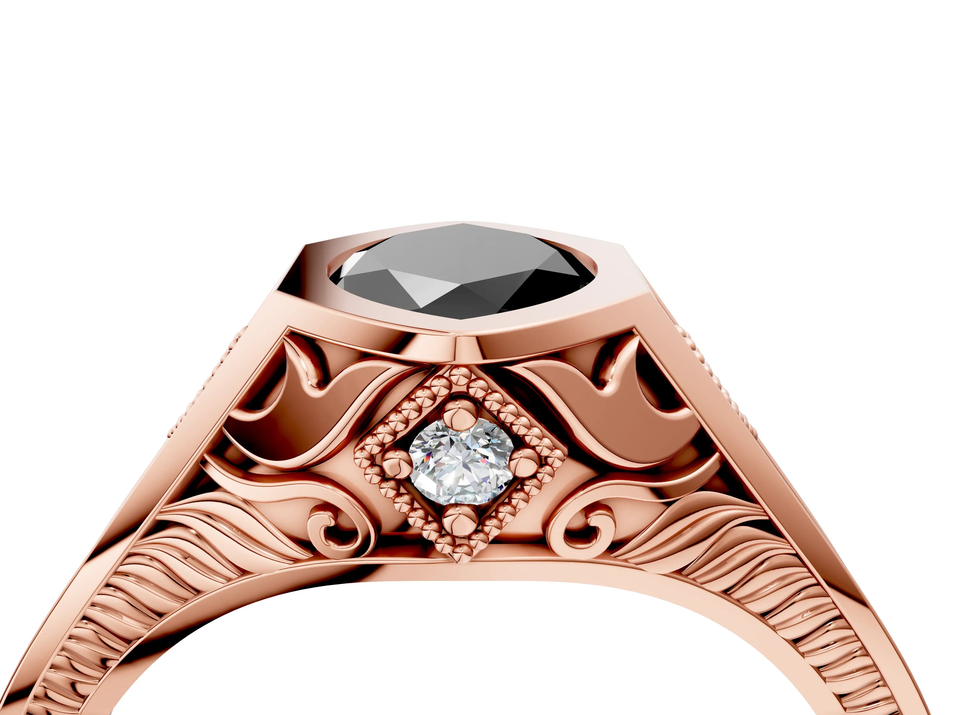 Rose gold Hexagonal Bezel Fancy Black Marquise Cut Diamond Engraved Band Prong Ring_4