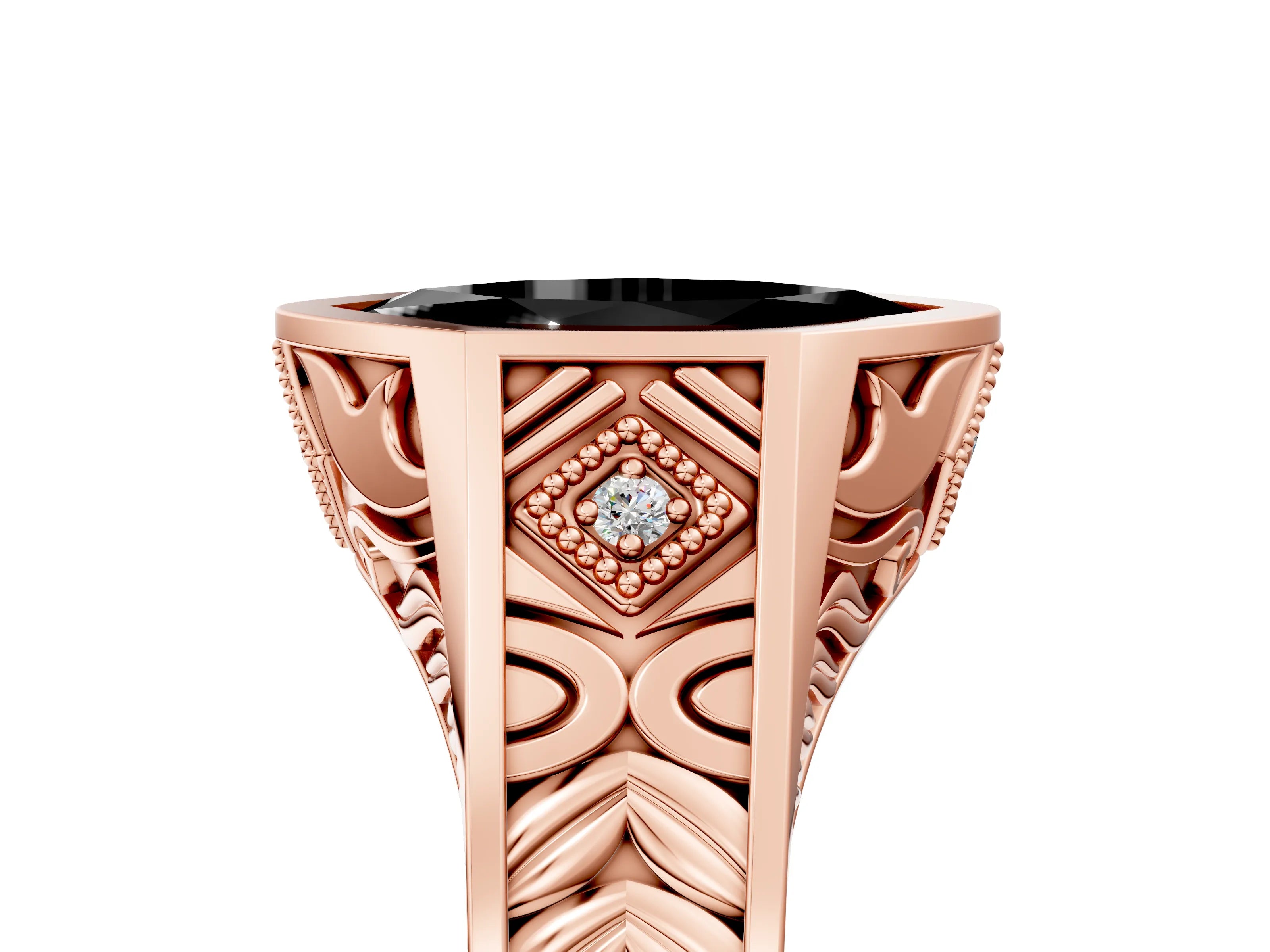 Rose gold Hexagonal Bezel Fancy Black Marquise Cut Diamond Engraved Band Prong Ring_5
