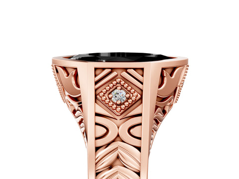 Rose gold Hexagonal Bezel Fancy Black Marquise Cut Diamond Engraved Band Prong Ring_5
