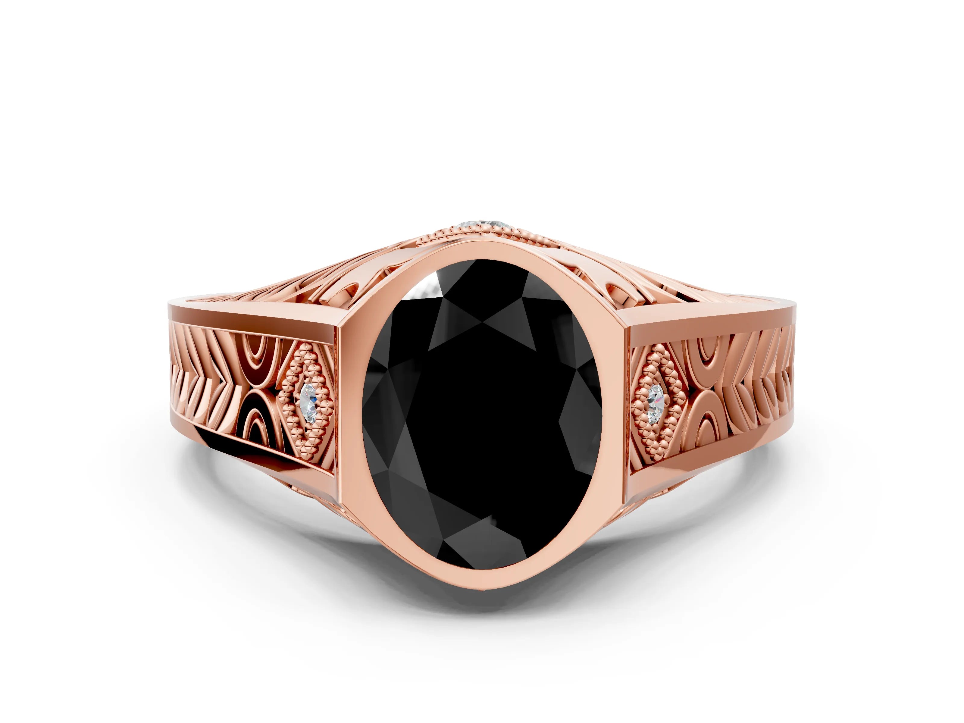 Rose gold Hexagonal Bezel Fancy Black Oval Cut Diamond Engraved Band Prong Ring