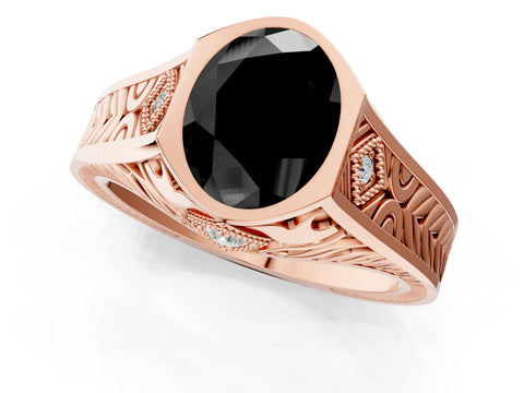 Rose gold Hexagonal Bezel Fancy Black Oval Cut Diamond Engraved Band Prong Ring_1