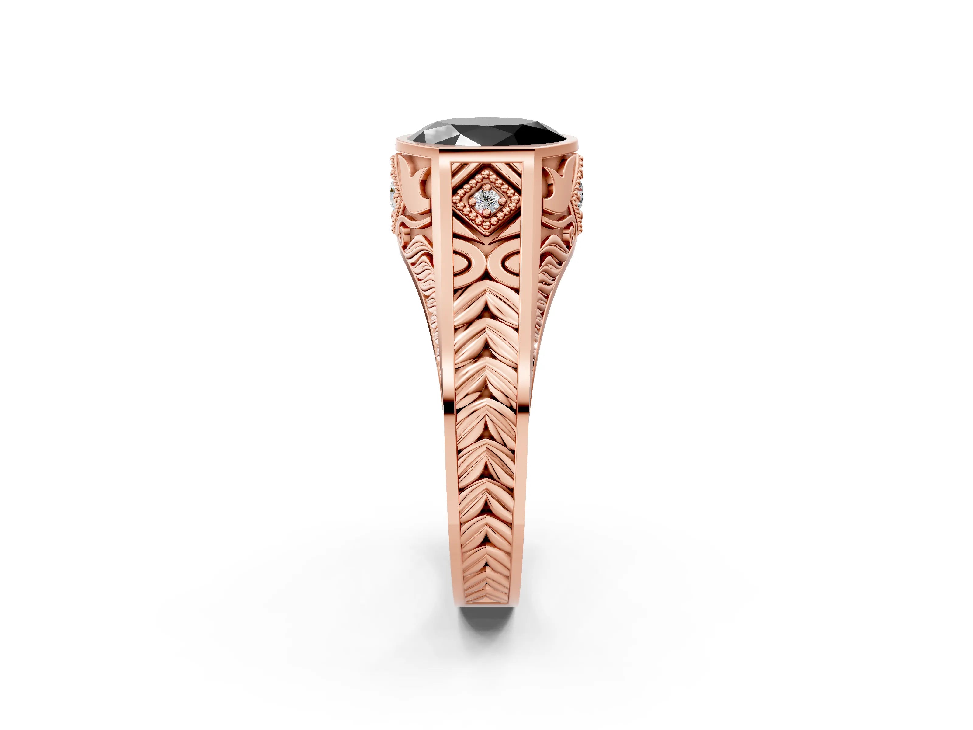 Rose gold Hexagonal Bezel Fancy Black Oval Cut Diamond Engraved Band Prong Ring_2