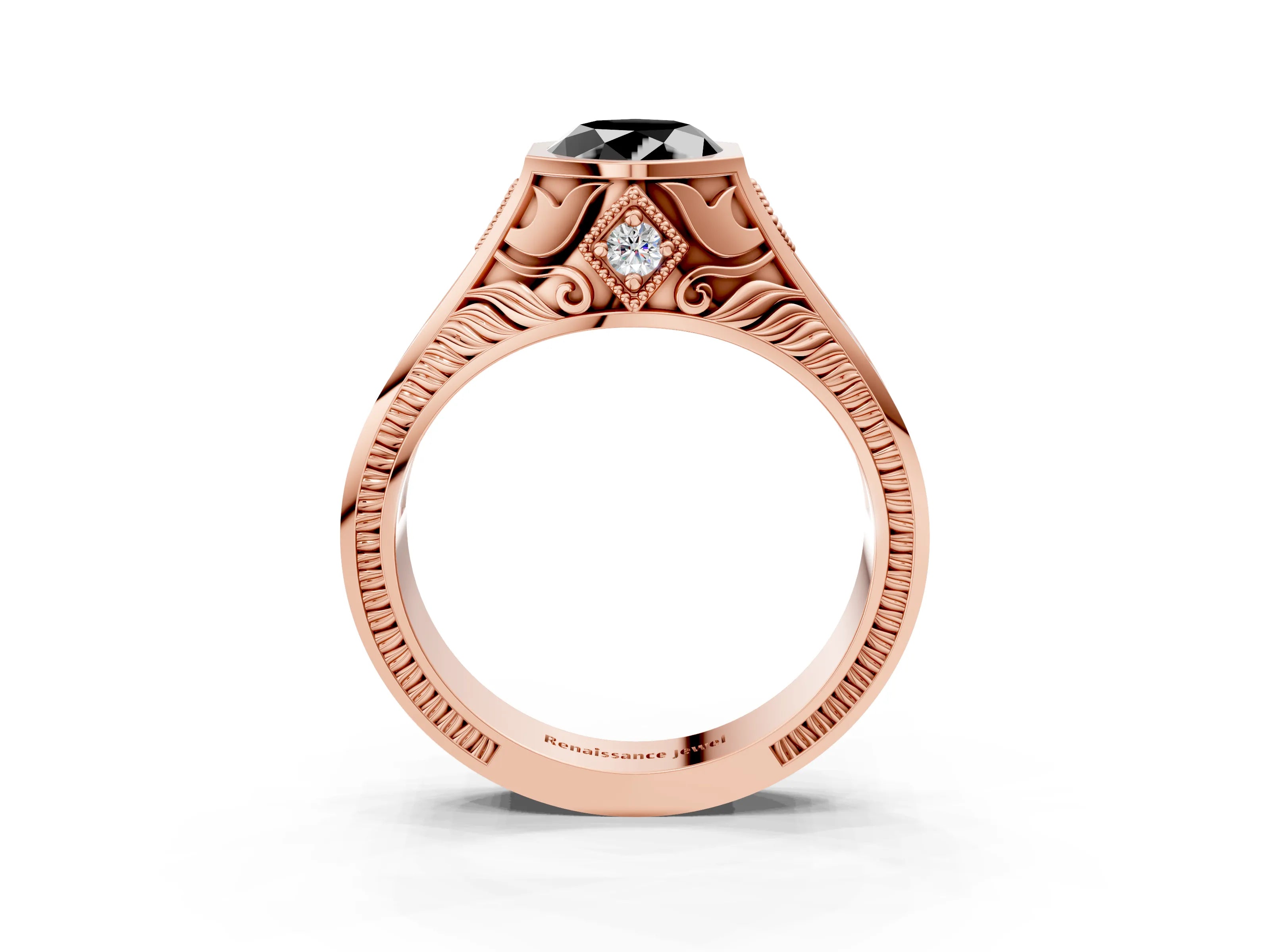 Rose gold Hexagonal Bezel Fancy Black Oval Cut Diamond Engraved Band Prong Ring_3