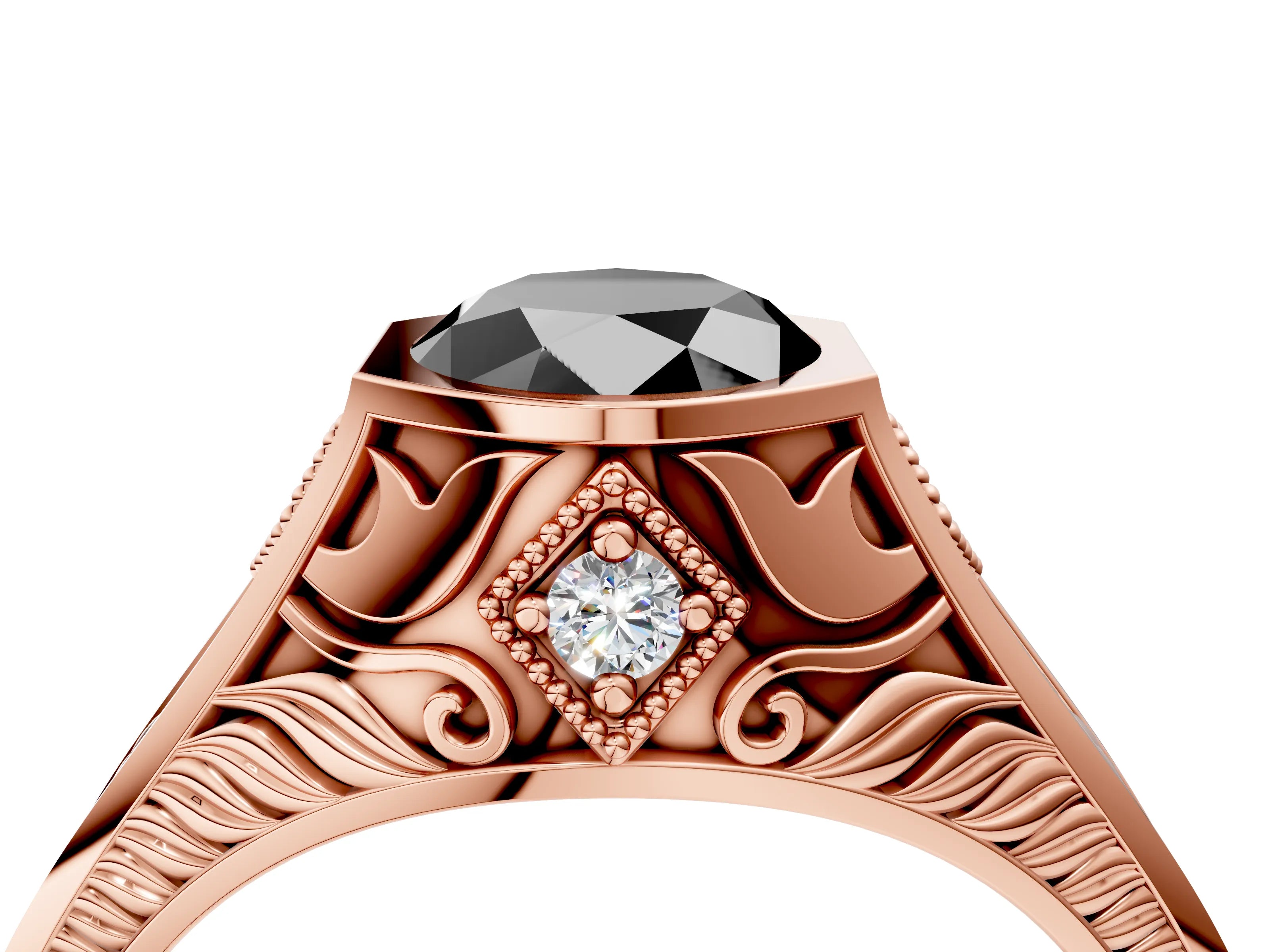 Rose gold Hexagonal Bezel Fancy Black Oval Cut Diamond Engraved Band Prong Ring_4