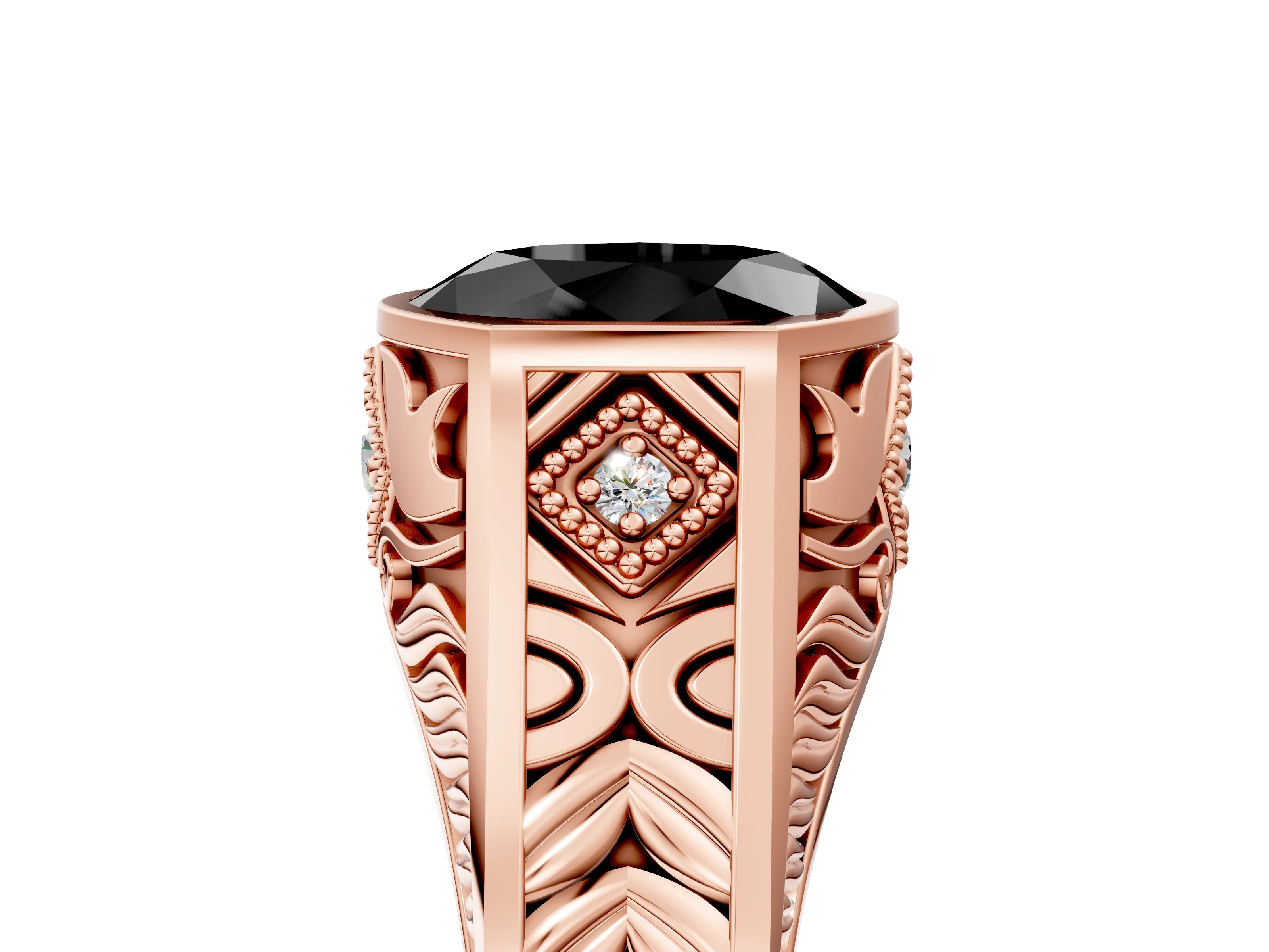 Rose gold Hexagonal Bezel Fancy Black Oval Cut Diamond Engraved Band Prong Ring_5