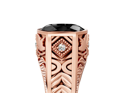 Rose gold Hexagonal Bezel Fancy Black Oval Cut Diamond Engraved Band Prong Ring_5