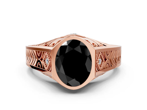 Rose gold Hexagonal Bezel Fancy Black Oval Cut Diamond Engraved Band Prong Ring
