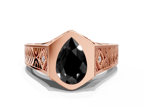 Rose gold Hexagonal Bezel Fancy Black Pear Cut Diamond Engraved Band Prong Ring_12
