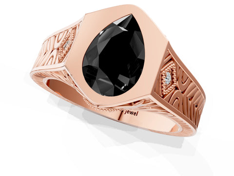 Rose gold Hexagonal Bezel Fancy Black Pear Cut Diamond Engraved Band Prong Ring_13