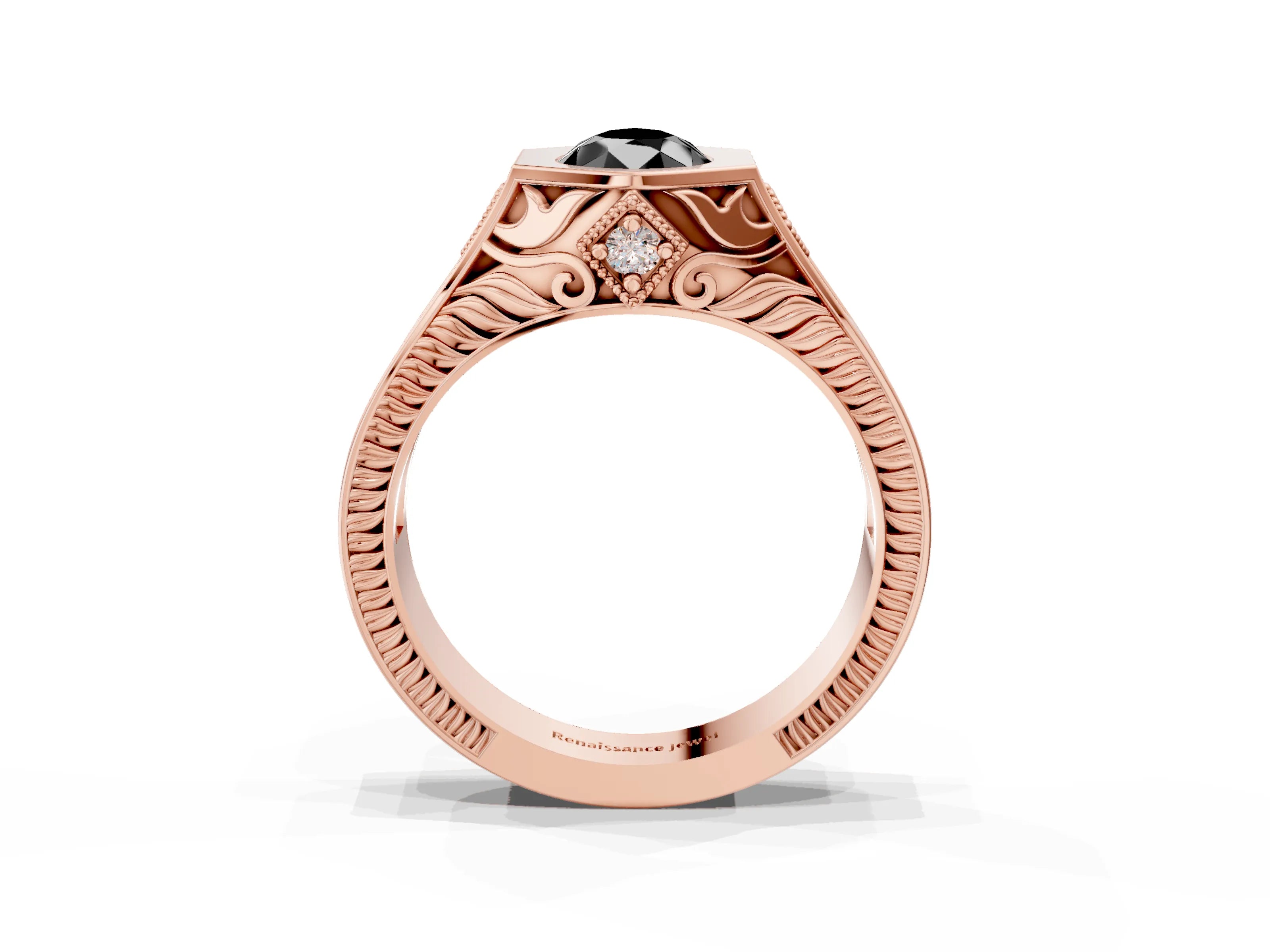 Rose gold Hexagonal Bezel Fancy Black Pear Cut Diamond Engraved Band Prong Ring_15