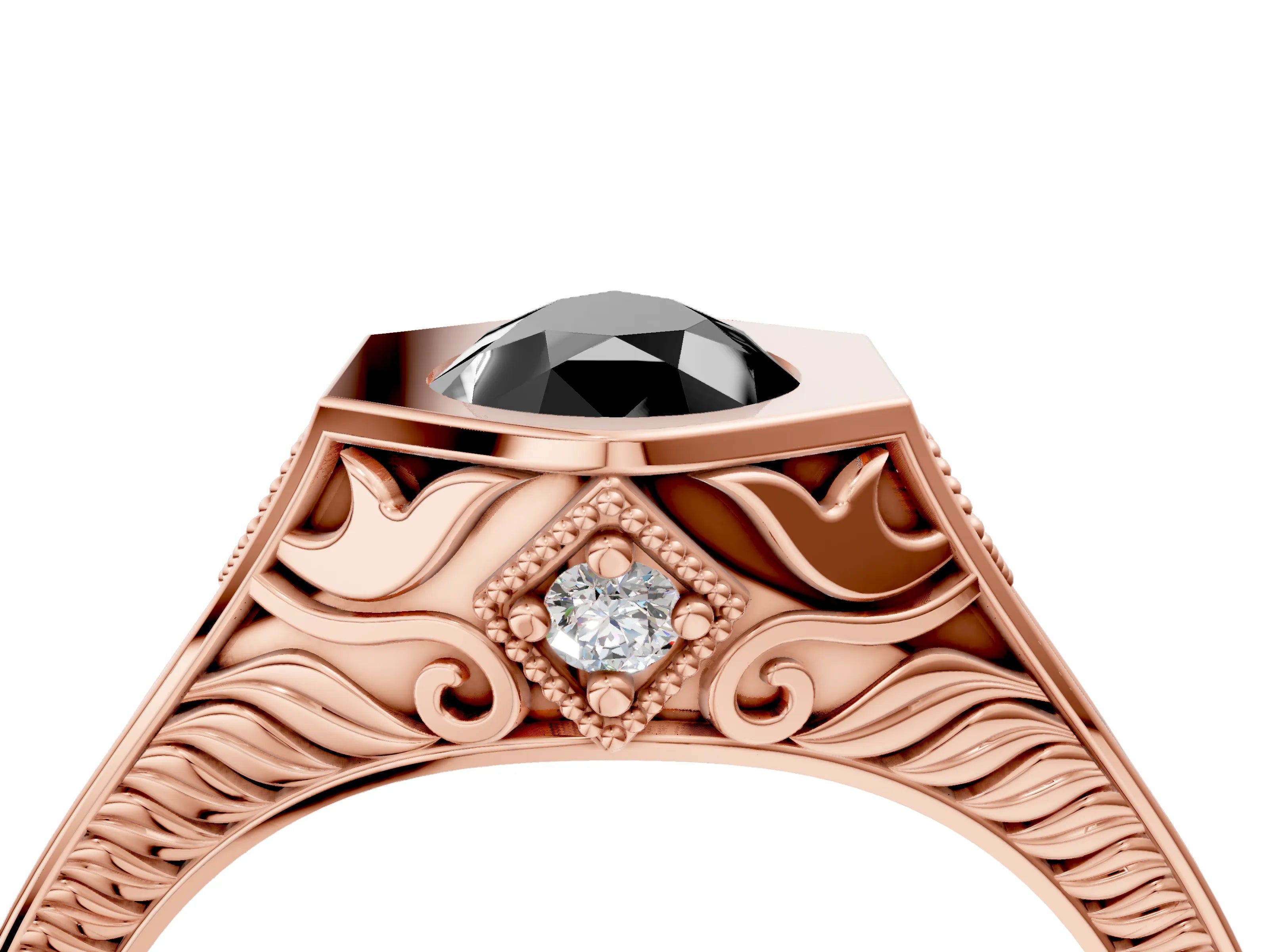 Rose gold Hexagonal Bezel Fancy Black Pear Cut Diamond Engraved Band Prong Ring_16