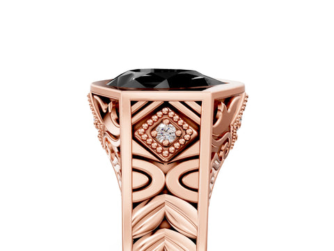 Rose gold Hexagonal Bezel Fancy Black Pear Cut Diamond Engraved Band Prong Ring_17