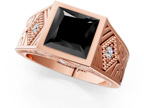 Rose gold Hexagonal Bezel Fancy Black Princess Cut Diamond Engraved Band Prong Ring_1