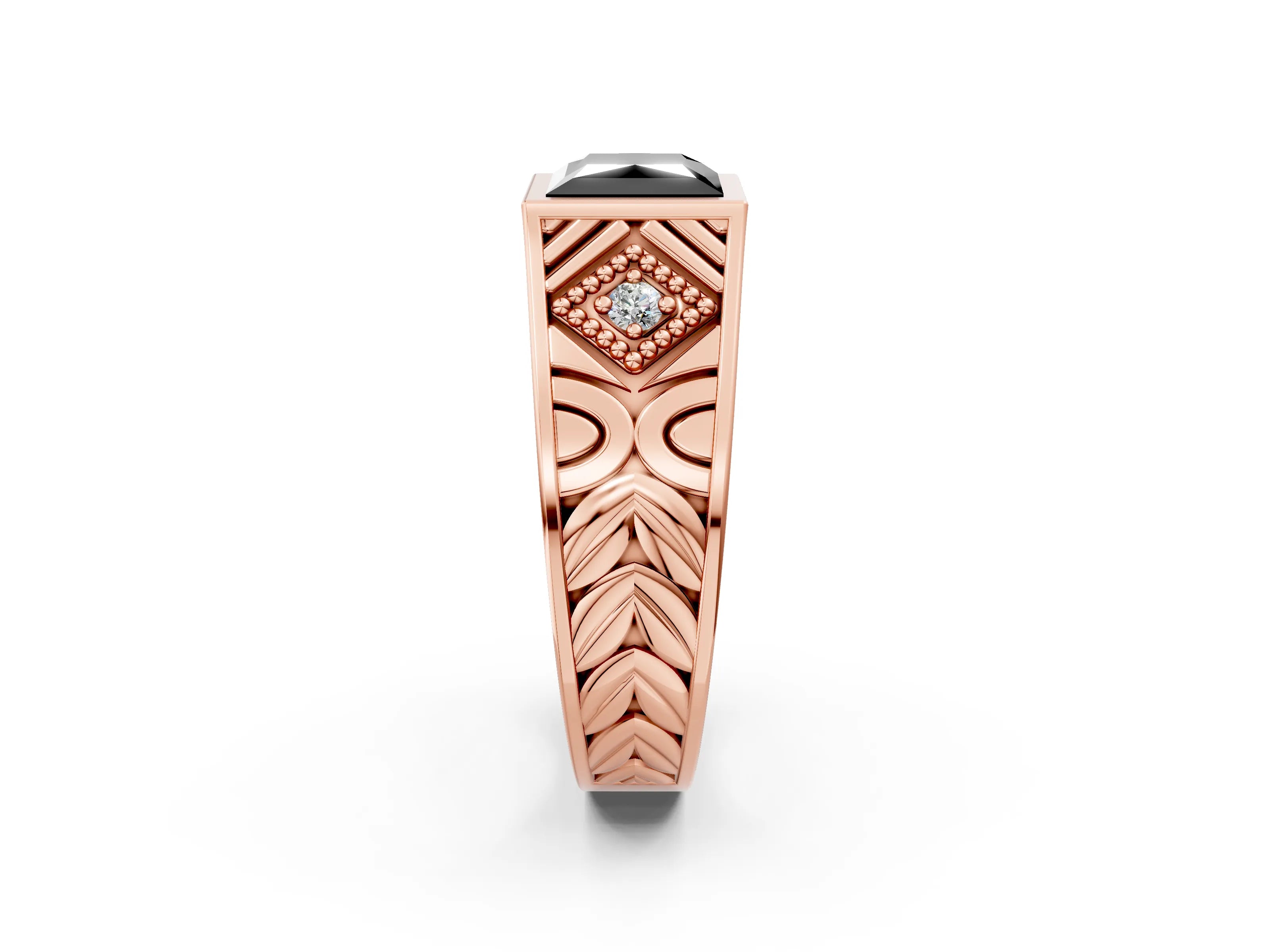 Rose gold Hexagonal Bezel Fancy Black Princess Cut Diamond Engraved Band Prong Ring_2