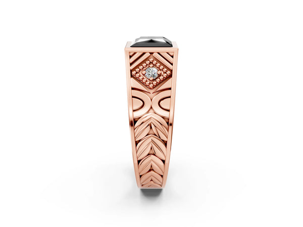 Rose gold Hexagonal Bezel Fancy Black Princess Cut Diamond Engraved Band Prong Ring