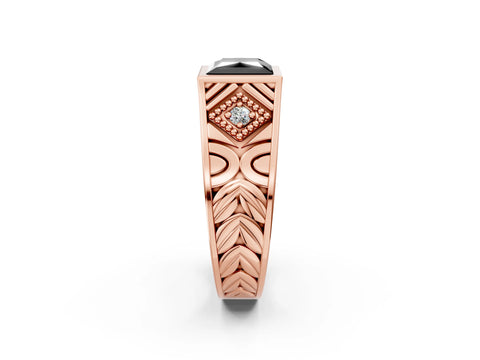 Rose gold Hexagonal Bezel Fancy Black Princess Cut Diamond Engraved Band Prong Ring_2