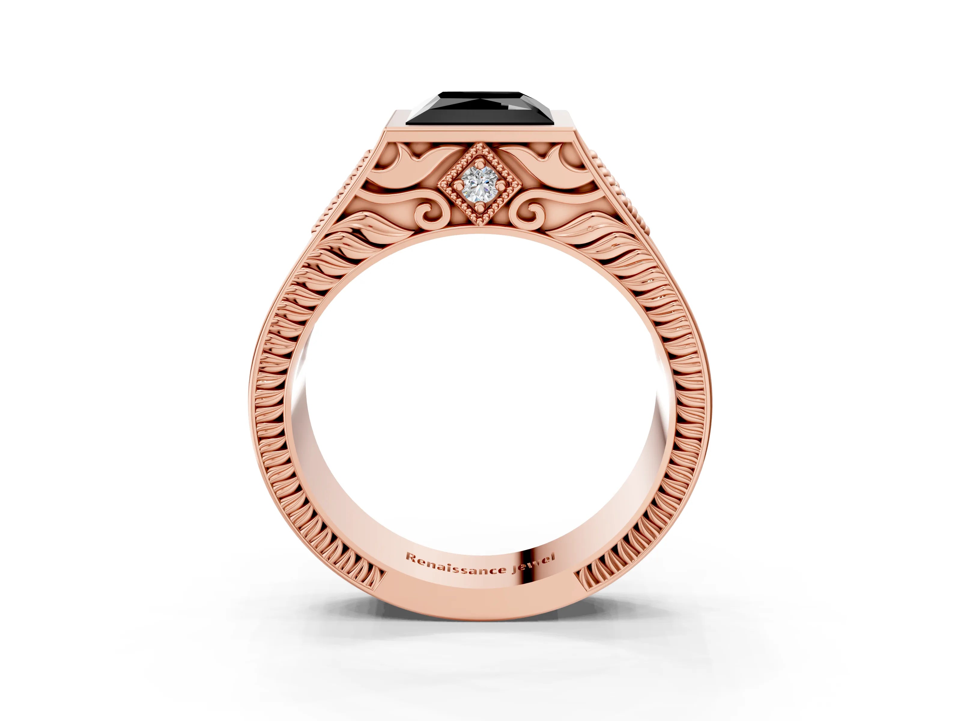 Rose gold Hexagonal Bezel Fancy Black Princess Cut Diamond Engraved Band Prong Ring_3