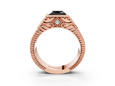 Rose gold Hexagonal Bezel Fancy Black Princess Cut Diamond Engraved Band Prong Ring_3