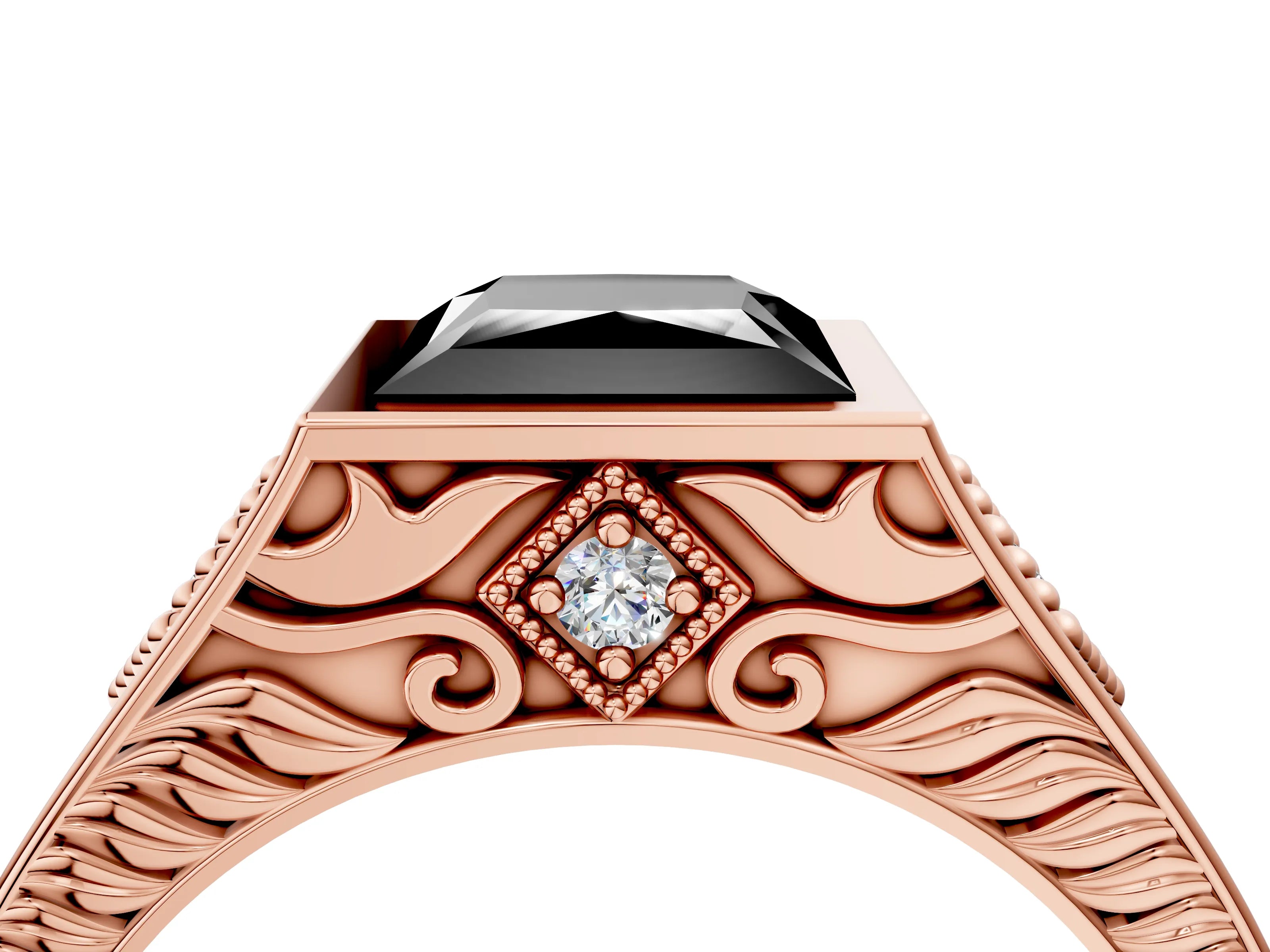 Rose gold Hexagonal Bezel Fancy Black Princess Cut Diamond Engraved Band Prong Ring_4