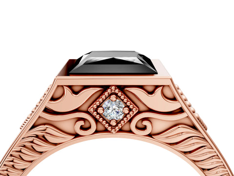 Rose gold Hexagonal Bezel Fancy Black Princess Cut Diamond Engraved Band Prong Ring_4