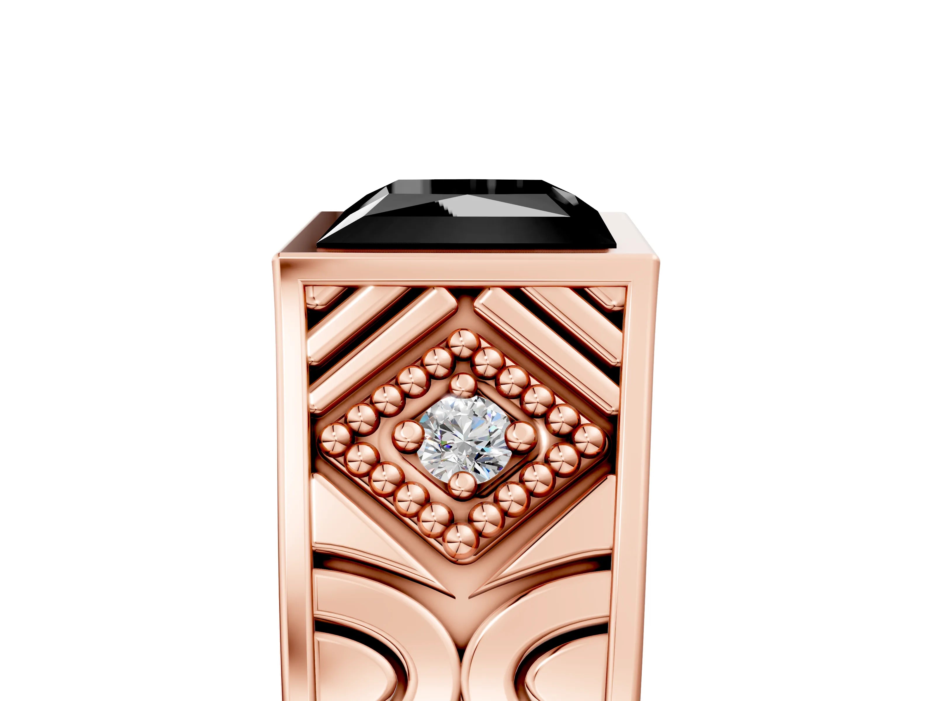 Rose gold Hexagonal Bezel Fancy Black Princess Cut Diamond Engraved Band Prong Ring_5