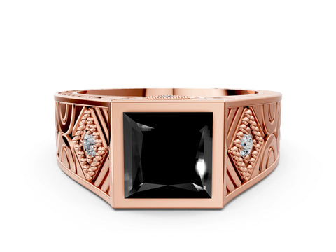 Rose gold Hexagonal Bezel Fancy Black Princess Cut Diamond Engraved Band Prong Ring